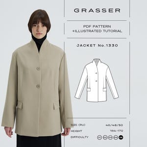 May include: A woman wearing a beige jacket with a black turtleneck. The jacket has a mandarin collar, two front pockets, and three buttons. The image includes text that says "GRASSER" and "JACKET No.1330".
