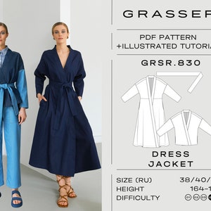 Könnte beinhalten: Ein PDF-Schnittmuster für ein Kleid oder eine Jacke im Wickelstil. Das Schnittmuster ist in den Größen 38, 40 und 42 für eine Körpergröße von 164-170 cm erhältlich. Der Schwierigkeitsgrad ist mit 3 von 5 bewertet. Das Schnittmuster heißt "GRSR.830" und stammt von der Marke "GRASSER".