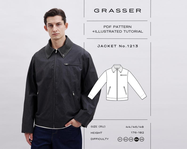 K&ouml;nnte beinhalten: Dunkelgraue Jacke mit Rei&szlig;verschluss, Kragen und kleiner Brusttasche. Das Bild zeigt ein PDF-Schnittmuster und eine Anleitung f&uuml;r Jacke Nr. 1213. Der Schwierigkeitsgrad wird durch Kreise angezeigt. H&ouml;he: 176-182 cm.