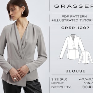 Könnte beinhalten: Eine Frau trägt eine hellgraue Bluse mit Wickeloptik und langen Ärmeln. Das Bild enthält den Text "GRASSER" und "PDF PATTERN + ILLUSTRATED TUTORIAL". Eine Zeichnung der Bluse ist ebenfalls abgebildet, zusammen mit Größen- und Schwierigkeitsinformationen.
