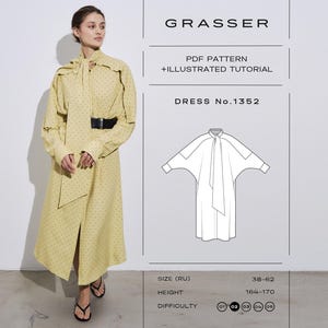 Pode incluir: Um vestido midi amarelo pálido com um padrão de pequenos pontos escuros, mangas compridas e uma gravata no pescoço. A imagem inclui o texto: GRASSER, PDF PATTERN + ILLUSTRATED TUTORIAL, DRESS No.1352, SIZE (RU) 38-62, HEIGHT 164-170 e um desenho técnico.