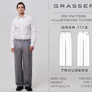May include: A PDF sewing pattern for trousers, with an illustrated tutorial. The pattern is for sizes 48, 50, and 52, for a height of 176-182 cm. The difficulty level is rated as 4 out of 5.