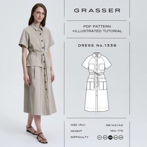 Könnte beinhalten: Eine Frau trägt ein beiges Midikleid mit kurzen Ärmeln, Knopfleiste und Kordelzug in der Taille. Das Kleid hat zwei Vordertaschen und wird mit Sandalen getragen. Das Bild enthält auch eine Kleiderskizze und den Text "GRASSER PDF PATTERN + ILLUSTRATED TUTORIAL DRESS No.1338".