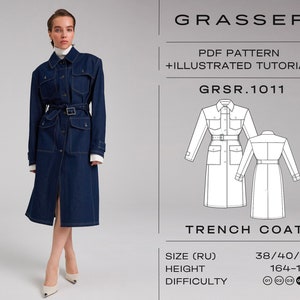 Denim Trench Coat Sewing Pattern PDF | Unlined coat DIY | Sizes 38 / 40 / 42 (RU) | Pattern No.1011