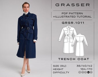 Trench coat sewing pattern with tutorial sizes 38 / 40 / 42 (RU) | model No.1011