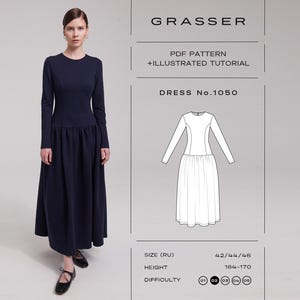 May include: A navy blue long-sleeved dress with a fitted bodice and a gathered skirt. The image includes text: GRASSER, PDF PATTERN + ILLUSTRATED TUTORIAL, DRESS No.1050, SIZE (RU) 42/44/46, HEIGHT 164-170, DIFFICULTY 01 02 03 04 05.