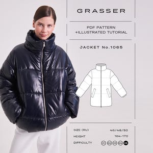 May include: A dark navy blue puffer jacket with a high collar and front zipper closure. The image includes text: GRASSER, PDF PATTERN + ILLUSTRATED TUTORIAL, JACKET No.1065, SIZE (RU) 46/48/50, HEIGHT 164-170, and a technical line drawing of the jacket.