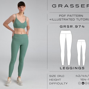 May include: A PDF sewing pattern for leggings with an illustrated tutorial. The pattern is for sizes 42, 44, and 46, and is suitable for heights between 164 and 170 cm. The difficulty level is rated 1 to 5.