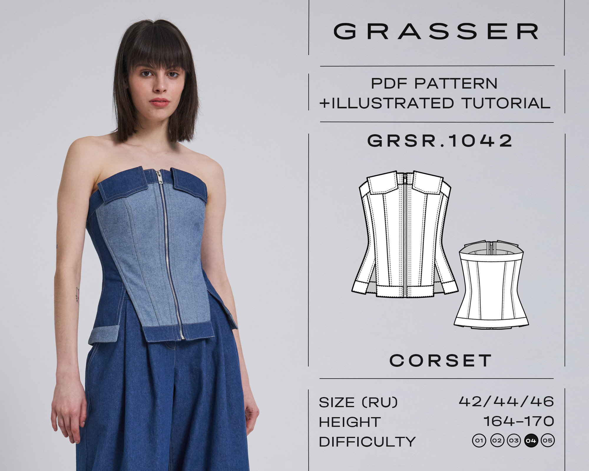 Corset Top Pdf Sewing Pattern for Women Sizes 42 / 44 / 46 RU Model No.  1042 