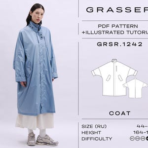 May include: A light blue coat with a high collar and a zipper closure. The coat is long and has a relaxed fit. The image also includes a diagram of the coat and the text "GRASSER PDF PATTERN + ILLUSTRATED TUTORIAL GRSR.1242 COAT".
