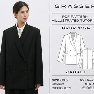 May include: A black double-breasted jacket with a shawl collar is worn by a person. The image includes a diagram of the jacket and text that reads "GRASSER PDF PATTERN + ILLUSTRATED TUTORIAL GRSR.1154 JACKET".