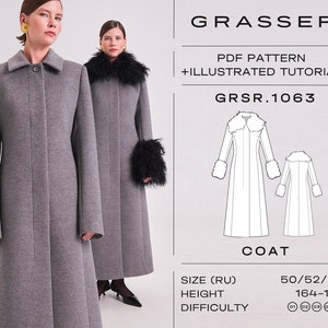 Puede incluir: Un abrigo gris con cuello y puños de piel negra. El abrigo es largo y tiene una silueta recta. El patrón es para las tallas 50/52/54 y las alturas 164-170 cm. El nivel de dificultad es de 4 de 5. GRSR.1063
