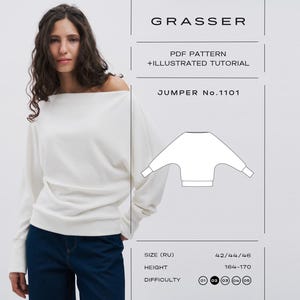 Op de afbeelding: Een witte trui met lange mouwen, een wijde halslijn en een geribbelde textuur. De afbeelding bevat de tekst: GRASSER, PDF PATTERN + ILLUSTRATED TUTORIAL, JUMPER No.1101, SIZE (RU) 42/44/46, HEIGHT 164-170 en een lijntekening van het ontwerp.