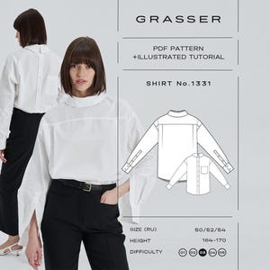 Könnte beinhalten: Eine Frau in einem weißen Langarmhemd und einer schwarzen Hose. Das Hemd hat einen hohen Kragen und geknöpfte Manschetten. Das Bild zeigt auch ein Hemdmuster und den Text "GRASSER PDF PATTERN + ILLUSTRATED TUTORIAL SHIRT No.1331".