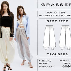 Balloon Trousers Sewing Pattern PDF | Harem Pants Digital Pattern | Sizes 42 / 44 / 46 (RU) | Model No. 1250