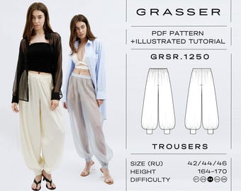 Balloon Trousers Sewing Pattern PDF | Harem Pants Digital Pattern | Sizes 42 / 44 / 46 (RU) | Model No. 1250