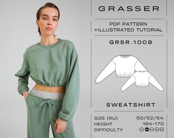 Cropped sweatshirt sewing pattern with tutorial sizes 50 / 52 / 54 (RU) | model No. 1009
