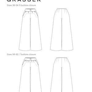 May include: Line drawing of two pairs of wide-leg pants with button closures. The top pair is labeled "Sizes 38-54, 5 buttons closure" and the bottom pair is labeled "Sizes 56-62, 7 buttons closure".