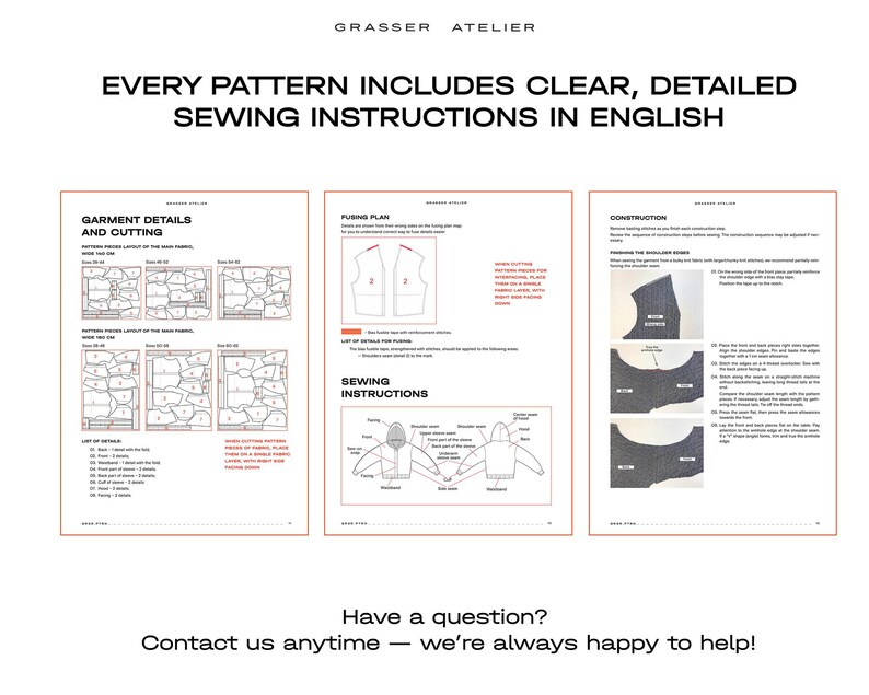 K&ouml;nnte beinhalten: Drei Seiten mit Anweisungen f&uuml;r Schnittmuster. Oben im Bild steht "EVERY PATTERN INCLUDES CLEAR, DETAILED SEWING INSTRUCTIONS IN ENGLISH." Die Seiten zeigen Kleidungsdetails, Schnittmuster und Konstruktionsschritte. Unten im Bild steht "Contact us anytime - we're always happy to help!"