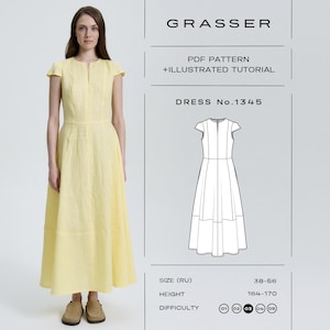 Könnte beinhalten: Ein hellgelbes Midikleid mit kurzen Ärmeln, einem Rundhalsausschnitt mit kleinem Schlitz vorne und einem taillierten Oberteil, das in einen ausgestellten Rock übergeht. Das Bild enthält den Text: GRASSER, PDF PATTERN + ILLUSTRATED TUTORIAL, DRESS No.1345.
