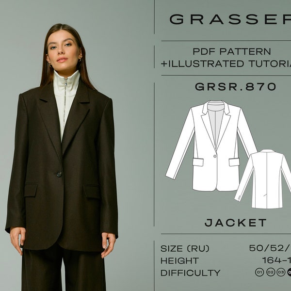 Suit jacket pdf sewing pattern for women with tutorial sizes 50 / 52 / 54 (RU) | model No. 870