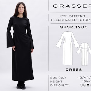 Flounce sleeve dress pdf sewing pattern No. 1200 sizes 42 / 44 / 46 (RU)