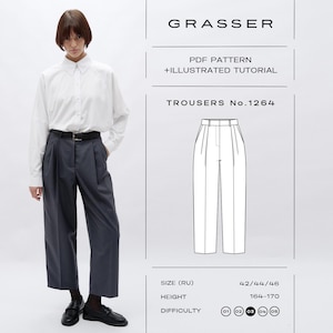 Puede incluir: Un patrón de costura en PDF para el pantalón n.º 1264 de Grasser, con tutorial ilustrado. La imagen muestra una camisa blanca de cuello, un pantalón gris oscuro con cinturón negro y mocasines negros, junto a un dibujo técnico del pantalón.