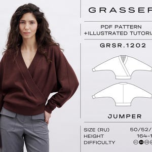 May include: A PDF sewing pattern for a brown wrap jumper with long sleeves. The pattern includes an illustrated tutorial and is for sizes 50/52/54, for a height of 164-170 cm. The difficulty level is rated 01-08.