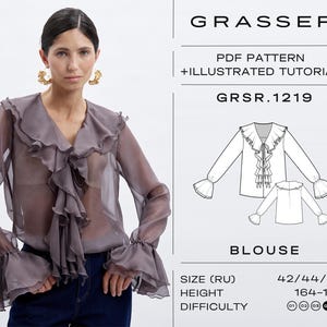 Op de afbeelding: Een doorschijnende, mauve blouse met een V-hals en ruches. De lange mouwen hebben uitlopende manchetten. De afbeelding bevat ook een diagram van de blouse, de tekst "GRASSER", "PDF PATTERN + ILLUSTRATED TUTORIAL" en "BLOUSE".
