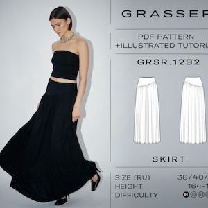 May include: A woman wearing a black tube top and a long, flowing black skirt. The image includes a diagram of a skirt pattern with the text "GRASSER PDF PATTERN + ILLUSTRATED TUTORIAL GRSR.1292 SKIRT".