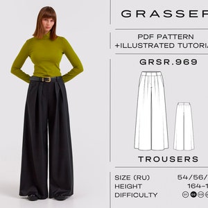 Pleated volume trousers pdf sewing pattern for women sizes 54 / 56 / 58 (RU) | model No. 969