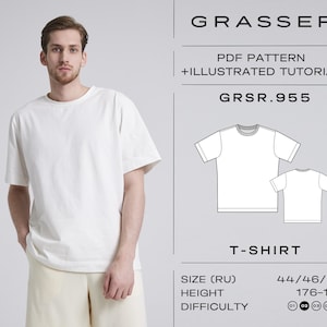Könnte beinhalten: Eine Person trägt ein weißes T-Shirt und hellfarbene Shorts. Das Bild enthält eine Zeichnung eines T-Shirt-Schnittmusters mit dem Text "GRASSER" und "T-SHIRT". Das Muster enthält Größen- und Schwierigkeitsinformationen.