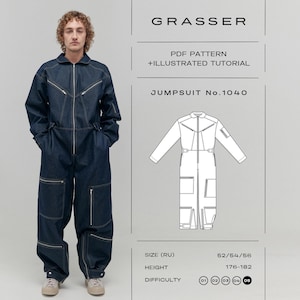 Pode incluir: Um macacão de ganga azul escuro com fecho de correr, vários bolsos e gola. A imagem também inclui um diagrama e o texto "GRASSER PDF PATTERN + ILLUSTRATED TUTORIAL JUMPSUIT No.1040".