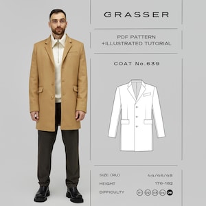 Puede incluir: Un hombre con un abrigo color canela, camisa blanca y pantalones oscuros. La imagen incluye un diagrama del abrigo y el texto "GRASSER", "PDF PATTERN + ILLUSTRATED TUTORIAL" y "COAT No.639". Se indica el nivel de dificultad.