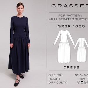 Jersey dress pdf sewing pattern with tutorial | sizes 42 / 44 / 46 (RU) | model No. 1050