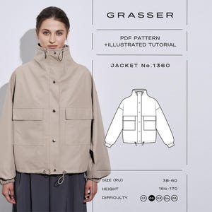 Puede incluir: Una chaqueta beige con cuello alto, botones de presión frontales y dos bolsillos grandes en el pecho. La imagen incluye el texto: GRASSER, PDF PATTERN + ILLUSTRATED TUTORIAL, JACKET No.1360, SIZE (RU) 38-60, HEIGHT 164-170 y un dibujo técnico.