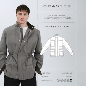 May include: A gray jacket with a stand-up collar, four front pockets, and a drawstring waist. The jacket is worn by a person. The image also includes the text "GRASSER", "PDF PATTERN + ILLUSTRATED TUTORIAL", and "JACKET No.1315".