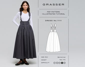 May include: A dark grey pinafore dress with a high-waisted bodice, two front buckles, and wide shoulder straps. The image includes text: GRASSER, PDF PATTERN + ILLUSTRATED TUTORIAL, DRESS No.1111, SIZE (RU) 38/40/42, HEIGHT 164-170, DIFFICULTY 04.