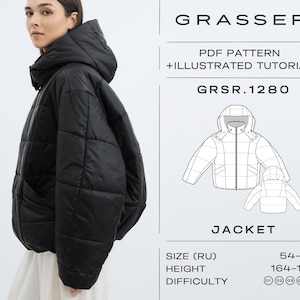 May include: Black quilted jacket with a hood. The image includes a diagram of the jacket and text that reads "GRASSER PDF PATTERN + ILLUSTRATED TUTORIAL GRSR.1280 JACKET". The jacket size is 54-56, and the height is 164-170 cm.