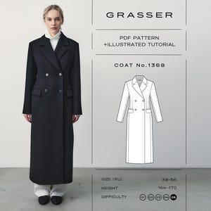 Puede incluir: Un abrigo largo negro de doble botonadura con solapa de muesca y dos filas de botones. La imagen incluye el texto GRASSER, PDF PATTERN + ILLUSTRATED TUTORIAL, COAT No.1368, SIZE (RU) 38-56, HEIGHT 164-170 y un dibujo técnico del abrigo.