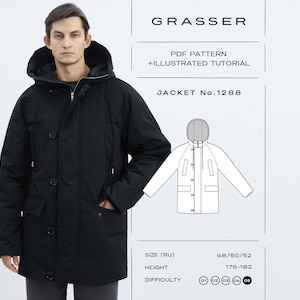 Könnte beinhalten: Eine schwarze Kapuzenjacke mit Reißverschluss und Knopfleiste sowie zwei unteren Taschen. Das Bild enthält den Text: GRASSER, PDF PATTERN + ILLUSTRATED TUTORIAL, JACKET No.1288, SIZE (RU) 48/50/52, HEIGHT 176-182 und DIFFICULTY 05.
