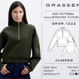May include: A green cropped sweater with a zipper and a pocket. The sweater is shown on a model. The image also includes a line drawing of the sweater and information about the pattern, size, height, and difficulty.