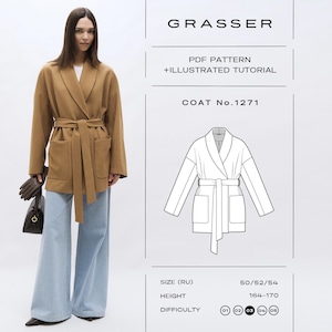 May include: A PDF pattern and illustrated tutorial for Grasser Coat No. 1271. The image displays a tan wrap coat with a shawl collar, tie belt, and two patch pockets, alongside a technical line drawing of the coat and size specifications.