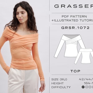 May include: A PDF sewing pattern for a long-sleeved, off-the-shoulder top with a criss-cross detail. The pattern includes an illustrated tutorial and is available in sizes 42, 44, and 46. The pattern is for a height of 164-170 cm. The difficulty level is rated 01-08.