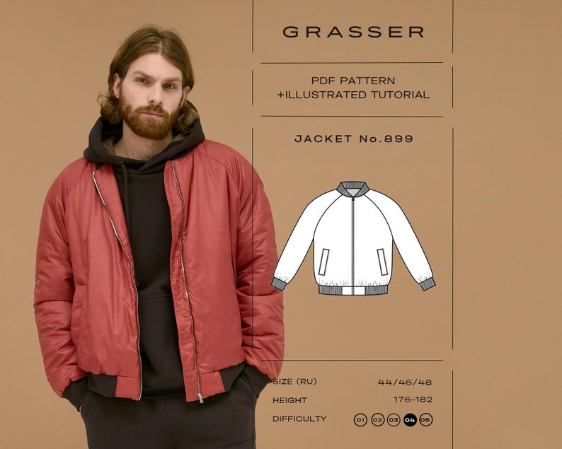 Peut inclure: Un patron PDF et un tutoriel illustr&eacute; pour la veste n&deg; 899 de Grasser. L'image pr&eacute;sente une veste bomber rouge avec une fermeture &eacute;clair frontale, des poignets et un ourlet c&ocirc;tel&eacute;s, ainsi qu'un dessin technique de la veste et des tailles.