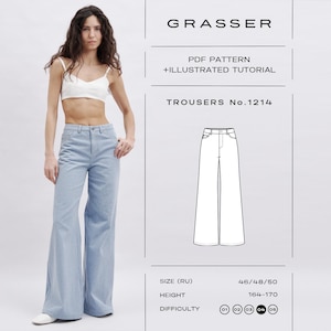 Puede incluir: Un patrón de costura en PDF para el pantalón n.º 1214 de Grasser, con tutorial ilustrado. La imagen muestra un pantalón azul claro de pernera ancha con cierre de botón y cremallera, junto a un dibujo técnico lineal del diseño.