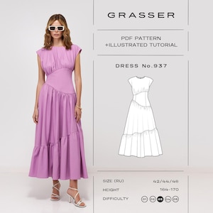 Könnte beinhalten: Ein lila Kleid mit einem einzigartigen asymmetrischen Design und einem gestuften Rock. Das Kleid hat ein figurbetontes Oberteil und Flügelärmel. Das Bild enthält auch eine Strichzeichnung des Kleides und den Text "GRASSER PDF PATTERN + ILLUSTRATED TUTORIAL DRESS No.937".