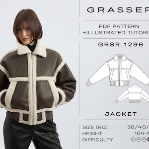May include: A brown and cream-colored jacket with a shearling collar and trim. The jacket has a zip-up front and a bomber-style silhouette. The image also includes a pattern for the jacket, with the text "GRASSER" and "PDF PATTERN + ILLUSTRATED TUTORIAL".