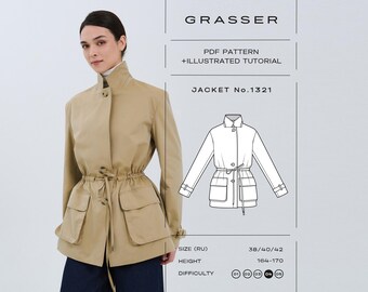 Safari Jacke Schnittmuster PDF | U-Boot Jacke, Kordelzug Taille, Cargo-Tasche | Größen 38 / 40 / 42 (RU) | Grasser-Muster Nr. 1321