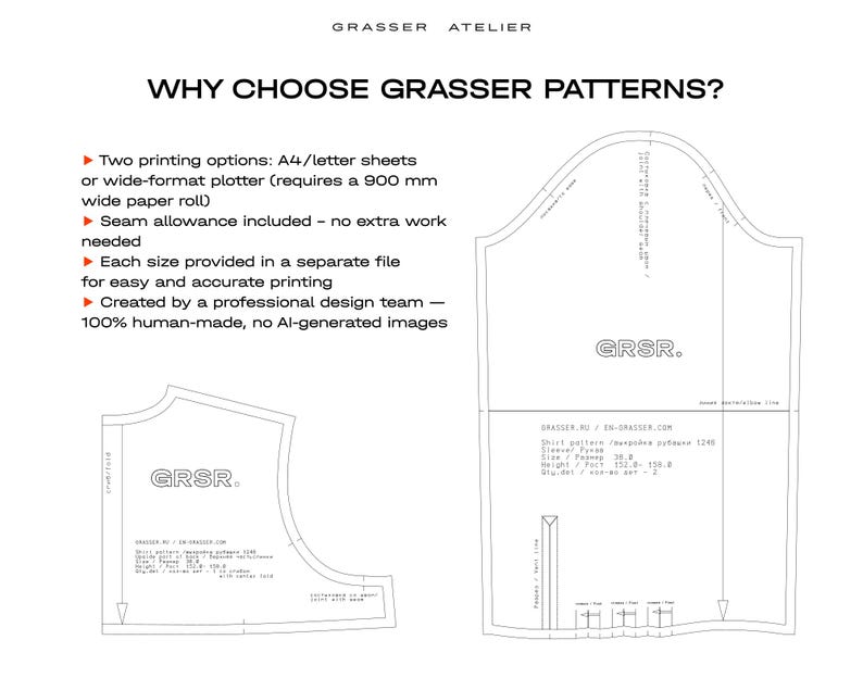 May include: A white technical drawing of a shirt pattern with the text "WHY CHOOSE GRASSER PATTERNS?" and "GRASSER ATELIER". The pattern includes seam allowance and is available in A4/letter sheets or wide-format plotter. The design is human-made.